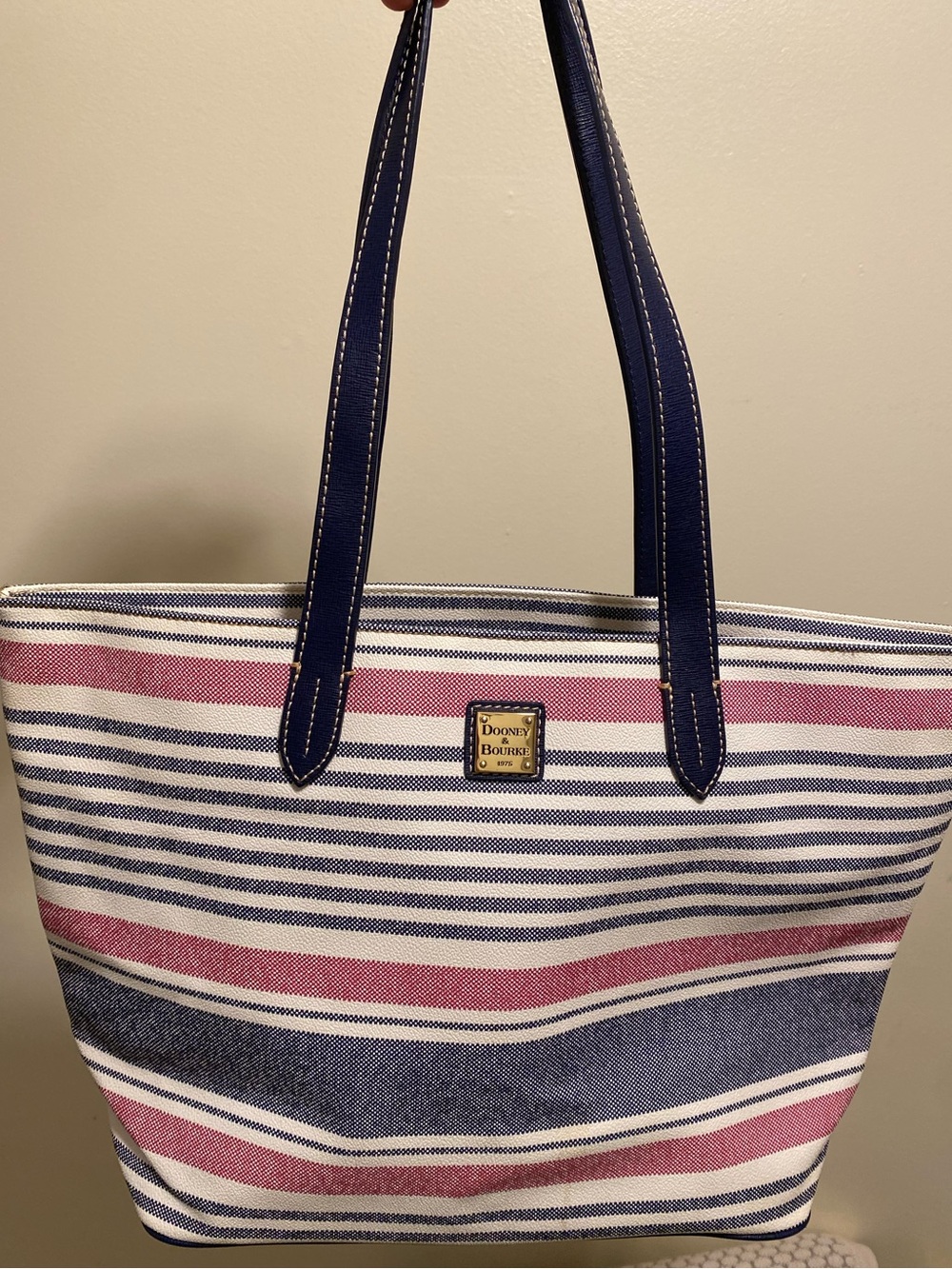 Dooney & Bourke Navy, Cream & Pink Striped Tote